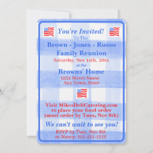 Watercolor Blue Check USA Flag Invitation