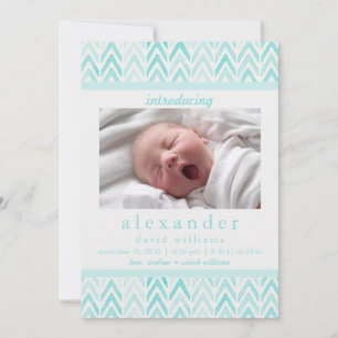 Watercolor Blue Chevron Baby Birth Announcement