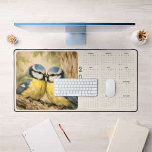Watercolor Blue Chickadees 2027 Calendar Desk Mat