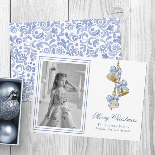 Watercolor Blue Chinoiserie Bow Bells Photo Holiday Card (Creator Uploaded)