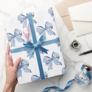 Watercolor Blue Chinoiserie Bows Wrapping Paper