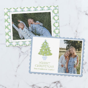 Watercolor Blue Chinoiserie Christmas Tree Photo Holiday Card