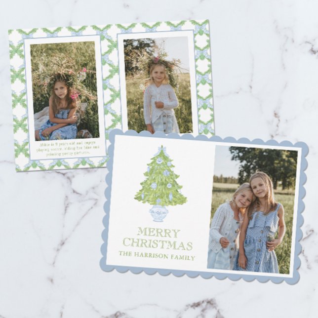 Watercolor Blue Chinoiserie Christmas Tree Photo Holiday Card (Creator Uploaded)