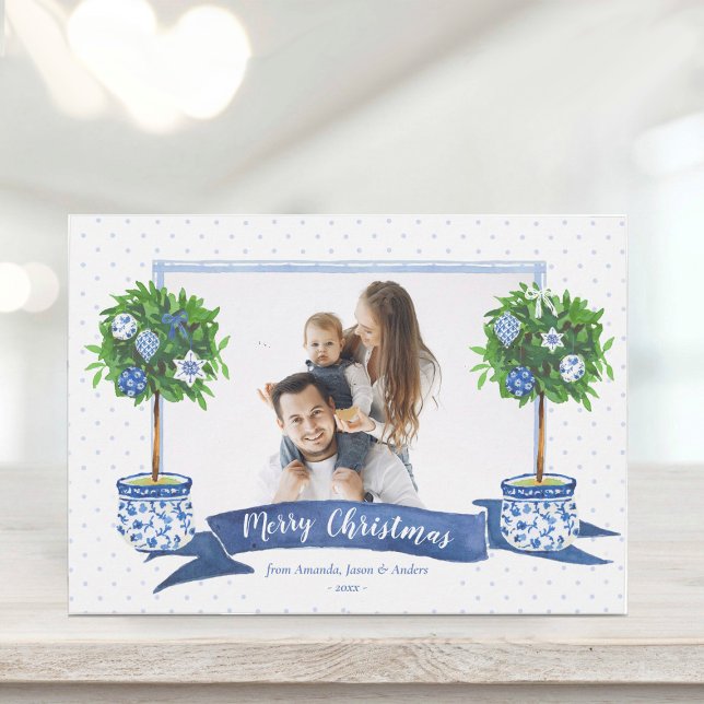  Watercolor Blue Chinoiserie Christmas Tree Photo  Holiday Card (Creator Uploaded)
