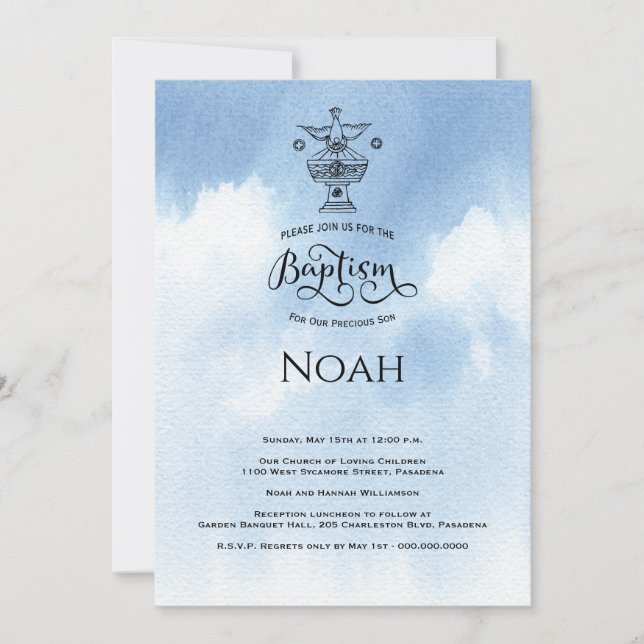 Watercolor Blue Christening Baptism  Invitation (Front)