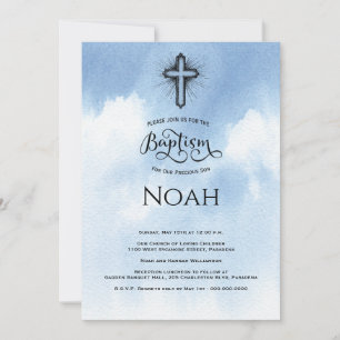 Watercolor Blue Christening Baptism  Invitation