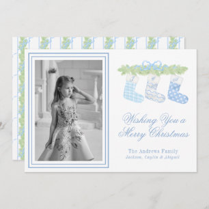 Watercolor Blue Christmas Monogram Stockings Photo Holiday Card