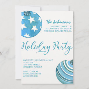 Watercolor Blue Christmas Ornaments Invitation