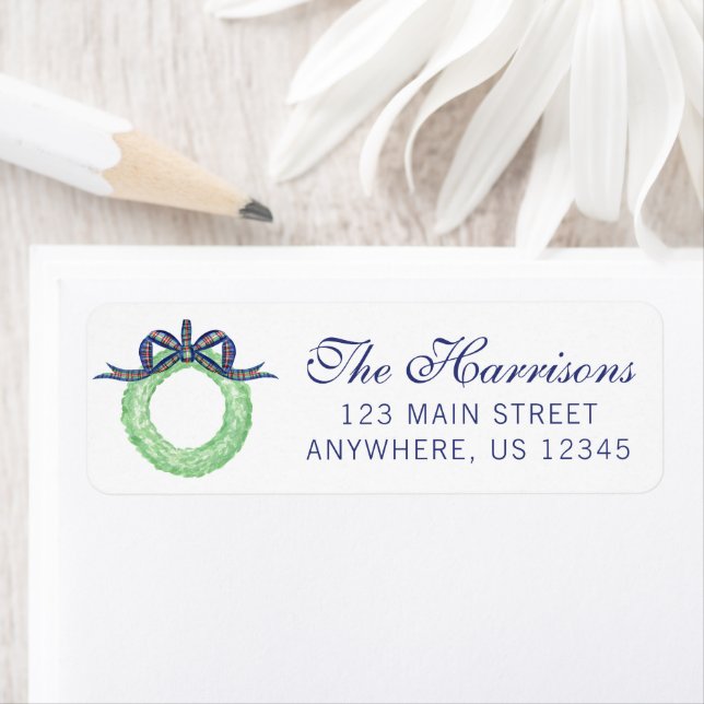 Watercolor Blue Christmas Plaid Bow Wreath (Insitu)
