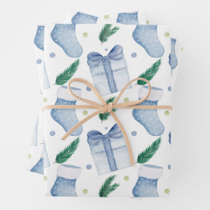 Watercolor Blue Christmas Stockings and Presents Wrapping Paper Sheet