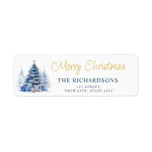 Watercolor Blue Christmas Tree Return Address