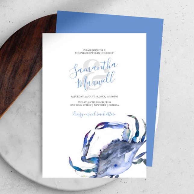 Watercolor Blue Coastal Crab Couples Shower (Bridal shower invitations watercolor blue crab art by Victoria Grigaliunas Do Tell A Belle)