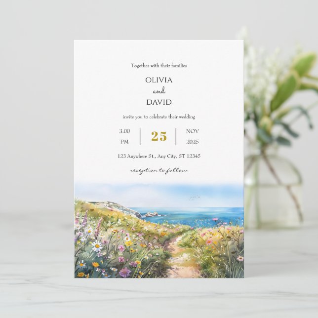 Watercolor Blue Coastal Meadow Art Beach Wedding  Invitation (Standing Front)