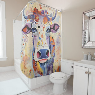Watercolor Blue colourful Whimsical Cow Bubbly Sof Shower Curtain