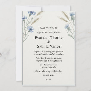 Watercolor Blue Cornflower & Wheat Wedding Invitation