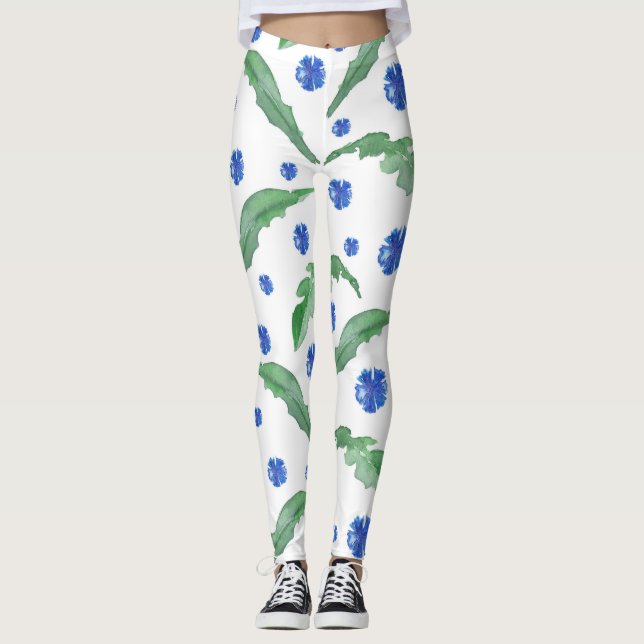Watercolor Blue cornflowers Leggings (Front)