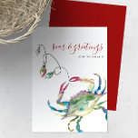 Watercolor Blue Crab Beach Christmas Card<br><div class="desc">This simple holiday card features a replica of my original hand painted watercolor blue crab on a crisp white background. The words Seas and Greetings are set in a modern brush script typography. Personalise however you like. The coastal style Christmas card reverses to a solid berry red colour. A cute...</div>
