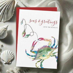 Watercolor Blue Crab Beach Christmas Card