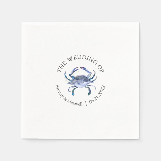 Watercolor Blue Crab Beach Wedding Cocktail Napkin (Front)