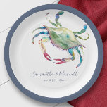 Watercolor Blue Crab Beach Wedding  Paper Plate<br><div class="desc">Designed to coordinate with Do Tell A Belle's Coastal Crab Wedding Suite this paper plate features a replica of my watercolor blue crab. Personalise with your names and wedding date. For any further customisation or any other matching items, please feel free to message me. I am always happy to help....</div>