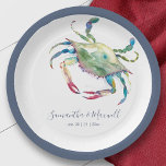 Watercolor Blue Crab Beach Wedding  Paper Plate<br><div class="desc">These nautical paper plates feature a stunning sand crab sea life watercolor design, inspired by the beauty of the ocean. A blue crab illustration adds a romantic seafood beach touch, perfect for a seaside rustic beach wedding or a Charleston casual aquarium celebration. Personalise with your names and wedding date for...</div>