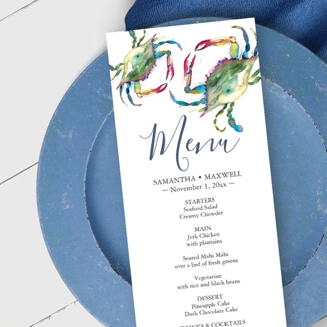 Watercolor Blue Crab Coastal Menu Card (Wedding decor beach menu card blue crabs watercolor art by Victoria Grigaliunas)