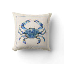 Watercolor Blue Crab Coastal Throw Pillow
