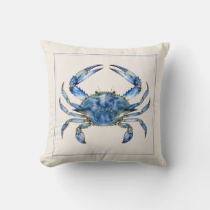 Watercolor Blue Crab Coastal Throw Pillow