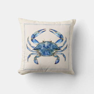 Watercolor Blue Crab Coastal Throw Pillow