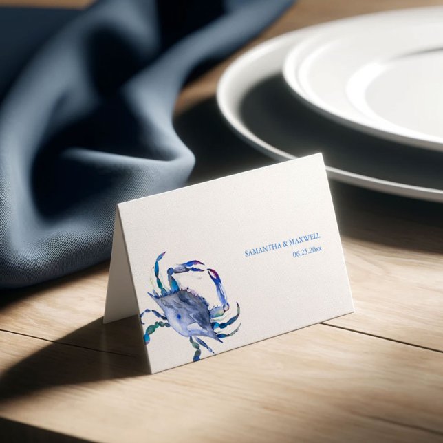 Watercolor Blue Crab Coastal Wedding Place Card (Crab place cards in shades of blue watercolor art by Victoria Grigaliunas Do Tell A Belle)