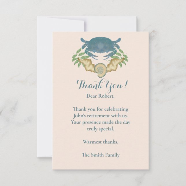 Watercolor Blue Crab Retirement  Thank You Card (Front)