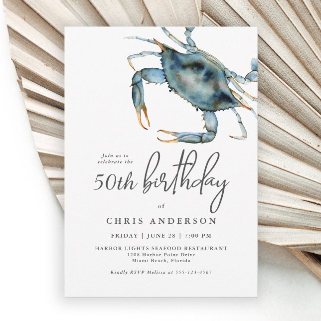 Watercolor Blue Crab Seafood 50th Birthday Invitation (Creator Uploaded)