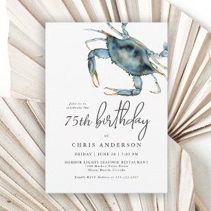 Watercolor Blue Crab Seafood 75th Birthday Invitation