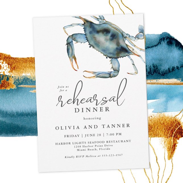 Watercolor Blue Crab Seafood Rehearsal Dinner Invitation (Creator Uploaded)