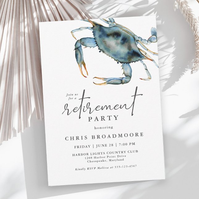 Watercolor Blue Crab Seafood Retirement Party Invitation (Available as printed and paperless digital download!)