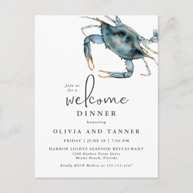 Watercolor Blue Crab Seafood Welcome Dinner Postcard (Front)