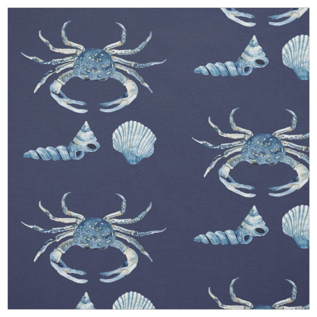 Watercolor Blue Crab Shells Contemporary Modern Fabric (Swatch)