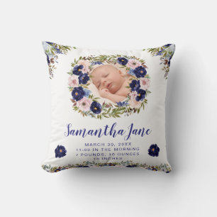 Watercolor Blue & Cream Flowers Wreath Baby Photo Cushion