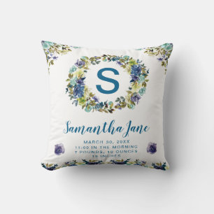 Watercolor Blue & Cream Summer Flowers Wreath Baby Cushion