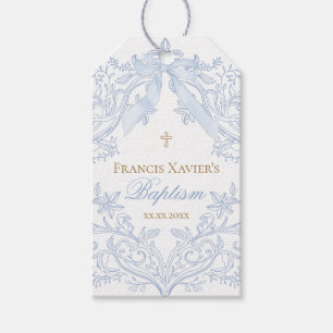 watercolor blue crest baby boy Baptism Gift Tags