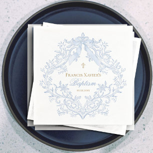 watercolor blue crest baby boy Baptism Napkin