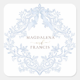  watercolor blue crest wedding square sticker