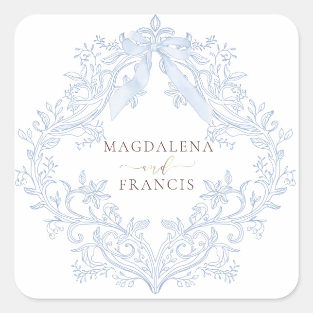  watercolor blue crest wedding square sticker (Front)