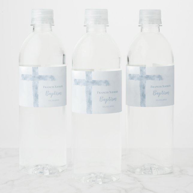watercolor blue cross Baptism  Water Bottle Label (Bottles)