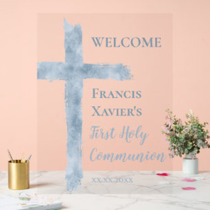 watercolor blue cross First Communion  Acrylic Sign
