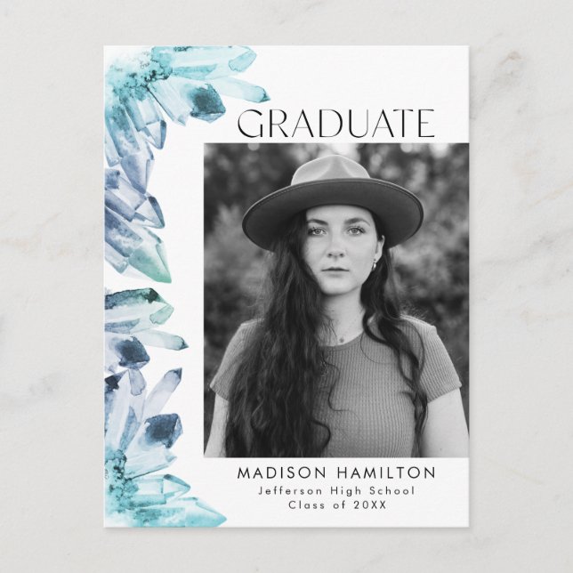 Watercolor Blue Crystal Photo Graduation Party Invitation Postcard (Front)