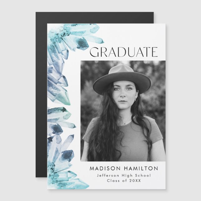 Watercolor Blue Crystals Photo Graduation Magnetic Invitation (Front/Back)