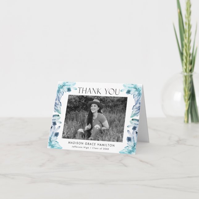 Watercolor Blue Crystals Photo Graduation Thank You Card (Front)