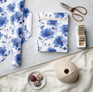 Watercolor Blue Daisy Pattern Wrapping Paper