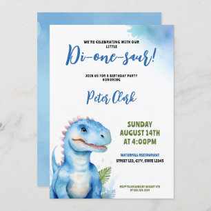 Watercolor Blue Dinosaur Baby Boy 1st Birthday Invitation